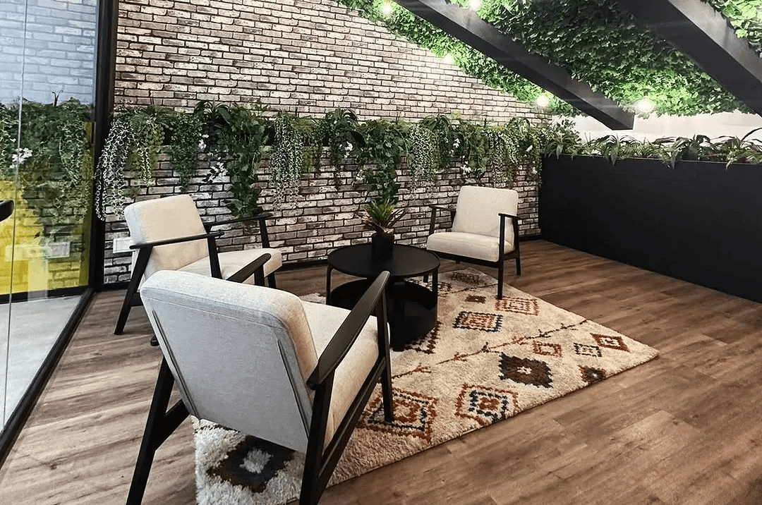 A bright modern coworking lounge